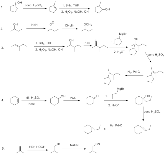 OH conc. H2SO4 1. BH3, THF 2. H202, NaOH, OH он OH OCH3 NaH CH3Br MgBr OH он 1. BH3, THF 2. H202, NaOH, OH PCC 2. H3O conc H2