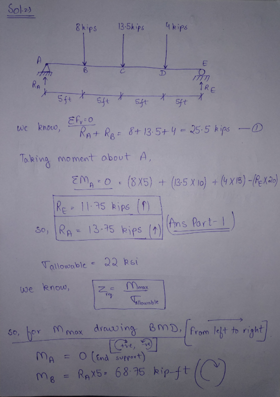 Solz kips 13-5k ips kips PS RA ↑R Takina mo ment obout A, Ans Part-l allowable22 Rsi we Rnouw, allowable dreaving md from ldgt to right mX5. 685 kipft