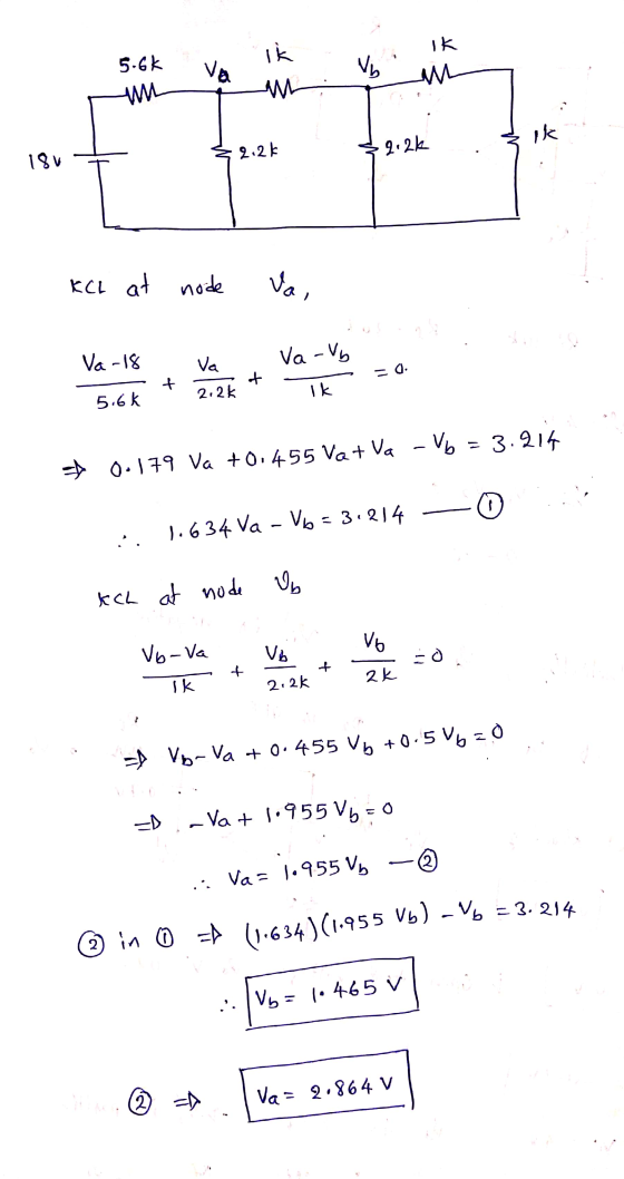 Tk 5.6k ve Ik vi i 180 + 2.26 $2.28 şik KCL at node KCL va, Va-18 Va Va - Vb i = 0. 5.6k 6 K 2.2K = 0.179 Va +0.455 Va+ Va -