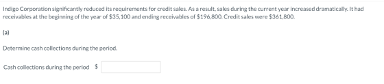 Indigo Corporation significantly reduced its requirements for credit sales. As a result, sales during the current year increa