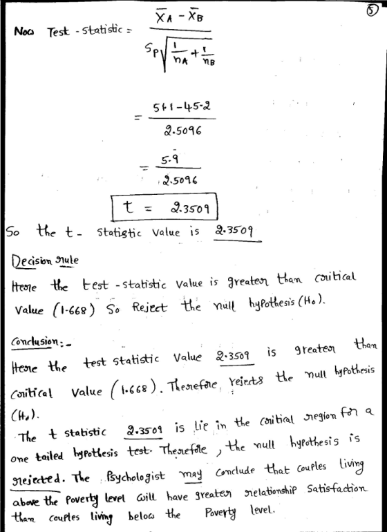 Noo Test -statistic 5t I-45 2 Q.5096 5-9 95016 5o the t 5tatighe value is 2-3501 Qeason ule tese the test -statistic Value is greaten lan coitical Value (I-G6s) So Reject the nul hyfotiesis (H) Conclusion._ hene the teststatistic Value 2-3501 is greate Coitical Value (i.tee), Therefre rejrts tle mult hyfothesis The statistic 2.3so1 is lie in the citial nejion fn *. one tailed hyrotlesis test- Thenefte , the multl hyfothesis is nejectei. The fsycholozist maonclude that Couples Livin abore the Povertj level oill have greatei nelationshi? Satis-facion. tan Couftes tvij beloa the Poverty lerel.