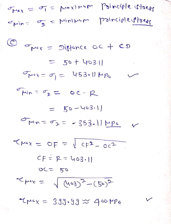 I max = ouin- 0 = Maximum o = Minimum Principle strese principle stress mox = Distance oct CD - 50 + 963-1) °pek = c = 453° 1