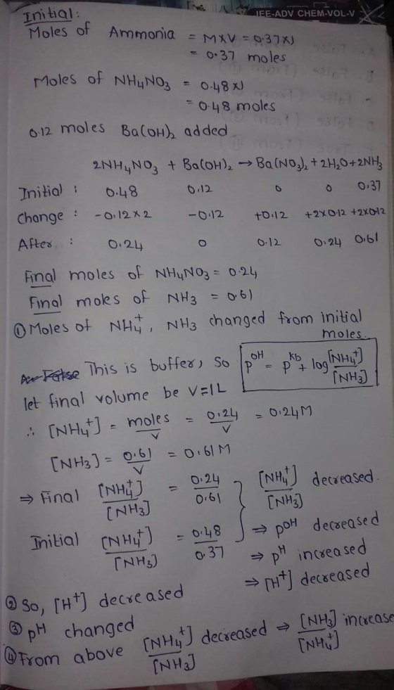 Initial JEE-ADV CHEM-VOL-V Moles of Ammonia = M*V = 0.37%) - 0.37 moles Moles of NH ₂ NO₂ = 0.48X) = 0.48 moles 0.12 moles Ba