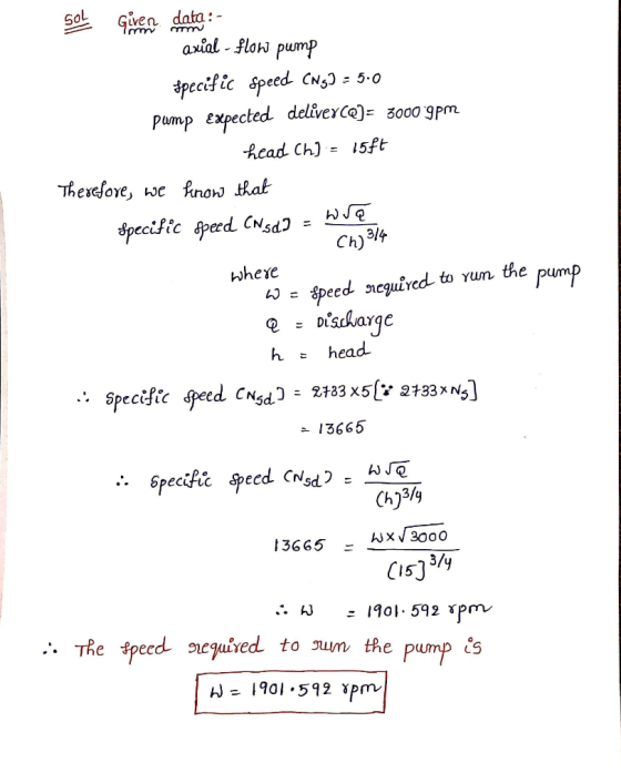 SOL Given data:- axial - flow pump specific Speed CNG) = 5.0 pump Expected deliver(@)= 3000 gpm head ch] 15ft Therefore, we k