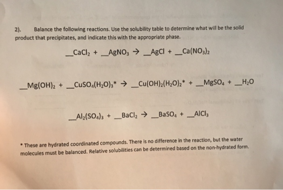 2). Balance the following reactions. Use the solubility table to determine what will be the solid product that precipitates,