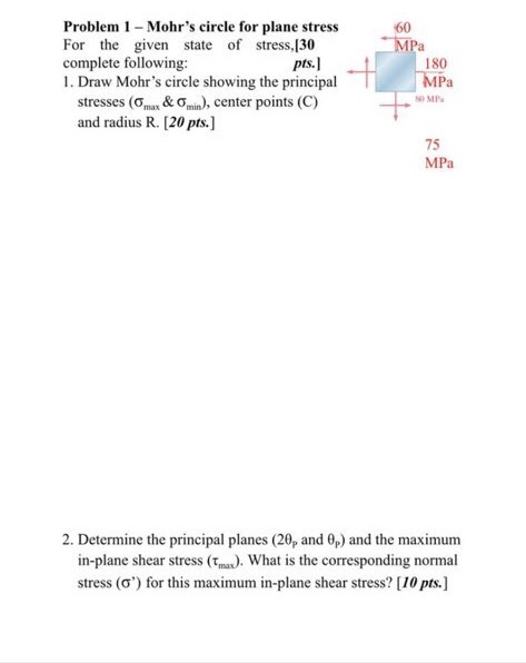 Problem 1 - Mohrs circle for plane stress For the given state of stress,[30 complete following: pts. 1. Draw Mohrs circle s