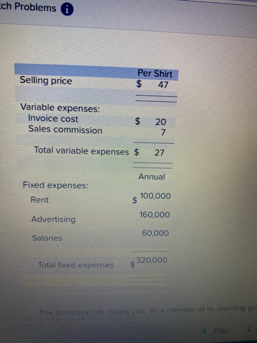cch Problems i Selling price Per Shirt $ 47 Variable expenses: Invoice cost Sales commission $ $ 20 7 Total variable expenses