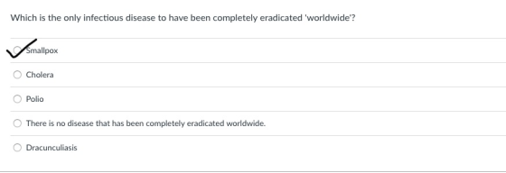 Which is the only infectious disease to have been completely eradicated worldwide? Smallpox O Cholera O Polio There is no disease that has been completely eradicated worldwide. Dracunculiasis