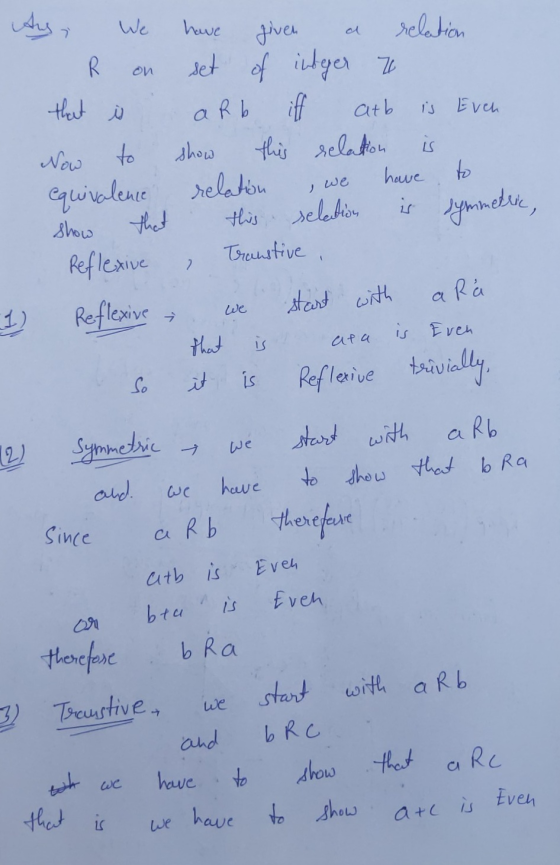 As We have given a relation R on set of integer 7 that is aRb iff carb is Even Now to show this relation is equivalence relat