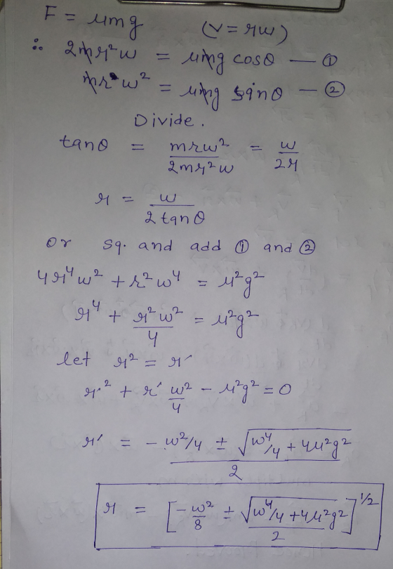 F = ung (=ru) W amperew mrow 2 uning coso ung sino tano Divide. mrwa Qmy 2 w w 29 M w 2 tano sq. and add 0 and ② 4 w2 + {²wy