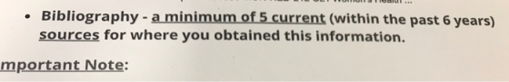 Bibliography - a minimum of 5 current (within the past 6 years) sources for where you obtained this information. mportant Not
