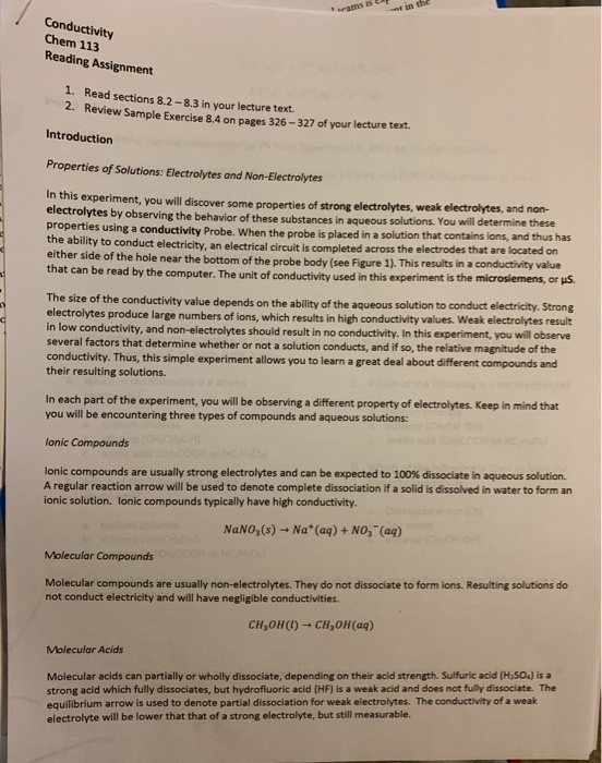 t in the orams ts. Conductivity Chem 113 Reading Assignment 1. Read sections 8.2-8.3 in your lecture text. 2. Review Sample E