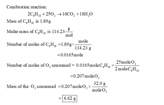 Combustion reaction: 2C,H,8 + 250, +1600, +18H,0 Mass of C,H, is 1.89g Molar mass of CH, is 114.23_8 mol mole Number of moles