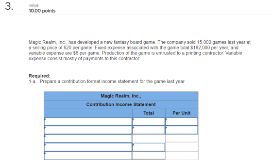 value 10.00 points Magic Realm, Inc., has developed a new fantasy board game. The company sold 15,000 games last year at a selling price of $20 per game. Fixed expense associated with the game total $182,000 per year, and variable expense are $6 per game. Production of the game is entrusted to a printing contractor. Variable expense consist mostly of payments to this contractor. Required 1-a. Prepare a contribution format income statement for the game last year. Magic Realm, Inc., Contribution Income Statement Total Per Unit