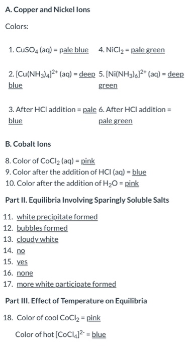A. Copper and Nickellons Colors: 1. CuSO4 (aq) = pale blue 4. NiCl2 = pale green 2. [Cu(NH3)4]2+ (aq) = deep 5. [Ni(NH3)612+
