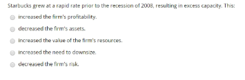 Starbucks grew at a rapid rate prior to the recession of 2008, resulting in excess capacity. This: increased the firms profi
