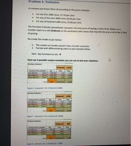 Problem 4: Estimates A company purchases Olive oil according to this price schedule. • • For the first 1000 Litres, $7.10 per