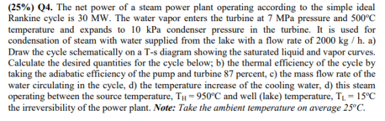 (25%) Q4. The net power of a steam power plant operating according to the simple ideal Rankine cycle is 30 MW. The water vapo