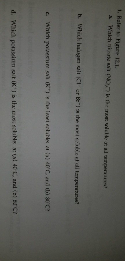 1. Refer to Figure 12.1. a. Which nitrate salt (NO3-) is the most soluble at all temperatures? b. Which halogen salt (Cl or
