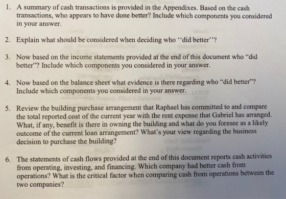 1. A summary of cash transactions is provided in the Appendixes. Based on the cash transactions, who appears to have done bet