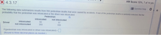 HW Score: 50%, 7 of 14 pts x 4.3.17 Question Help The following data summarizes results from 992 pedestrian deaths that were