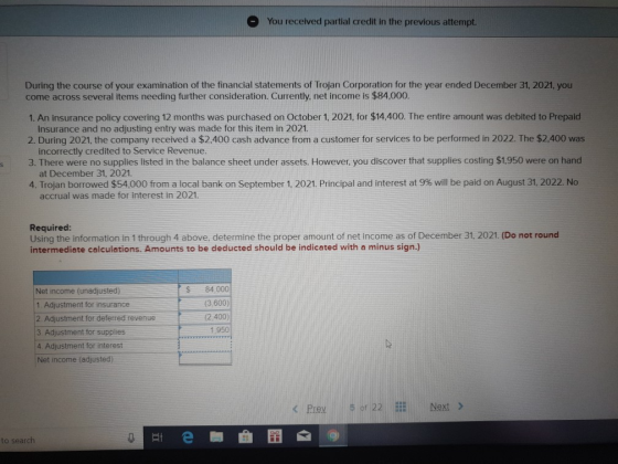 You received partial credit in the previous attempt. During the course of your examination of the financial statements of Tro