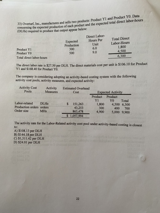 33) Overturf, Inc., manufactures and sells two products Product Y1 and Product Yo. Data concerning the expected production of