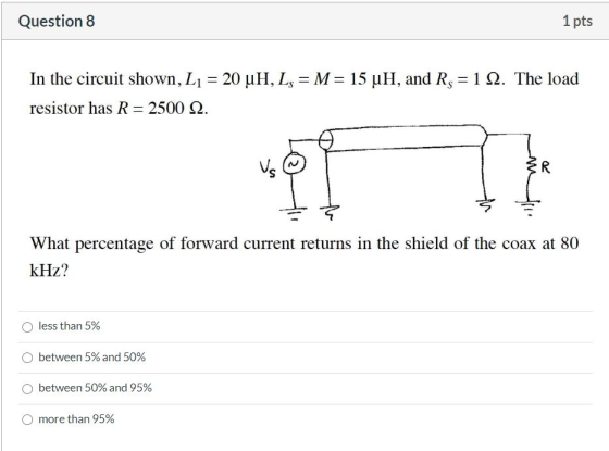 Question 8 1 pts In the circuit shown, L1 = 20 uH, Ls = M= 15 uH, and Rs = 1 12. The load resistor has R= 2500 2. Vs R What p