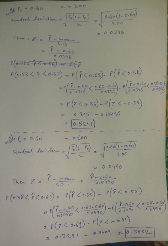 a P. 0.60 na 200 Standard deviation a P.) 10.60 (1-0.60) 200 Then, ze ermea 20.0346 S.D -0.60 00346 Pforset & 20186) & PC ® P