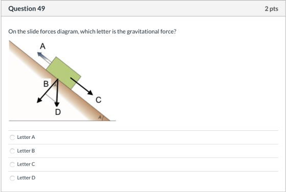 Question 49 2 pts On the slide forces diagram, which letter is the gravitational force? C Letter A C Letter B C Letter C Lett