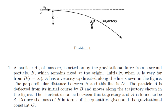 Trajectory Problem 1 1. A particle A , of mass m, is acted on by the gravitational force from a second particle, B, which remains fixed at the origin. Initially, when A is very far from B(r - o0). A has a velocity vo directed along the line shown in the figure. The perpendicular distance between B and this line is D. The particle A is deflected from the figure. The shortest distance between this trajectory and B is found to be d. Deduce the mass of B in terms of the quantities given and the gravitational constant G its initial course by B and moves along the trajectory shown in