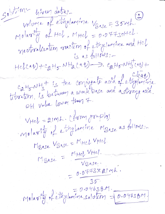 solution: hiven autar volume of ethylamine Base = 35mh. Molarity of Hela MHCl = 0,07730tch. neutralization reaction of ethyla