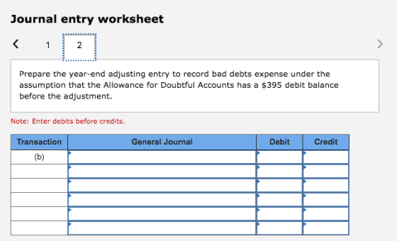 Journal entry worksheet < 1 Prepare the year-end adjusting entry to record bad debts expense under the assumption that the Al