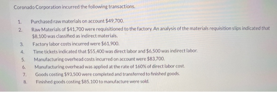 Coronado Corporation incurred the following transactions, 1. 2. 3 4. Purchased raw materials on account $49,700. Raw Material