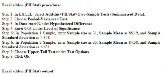 Excel add-in (PH Stat) procedure: Step 1: In EXCEL, Select Add-InsPH Stat>Two-Sample Tests (Summarized Data). Step 2: Choose