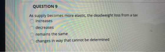 QUESTION 9 As supply becomes more elastic, the deadweight loss from a tax increases decreases remains the same changes in way