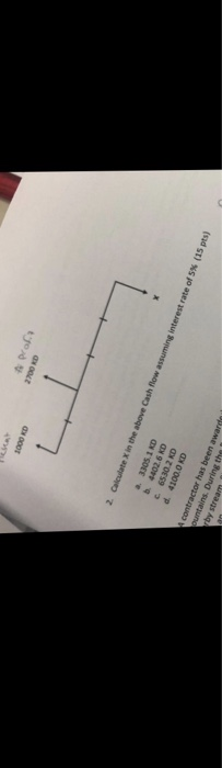 1000 KD 2. Calculate X in the above cash flow assuming interest rate of 5% (15 pts) a. 3305.1 KD 6530.2 KD d. 4100.0 KD contractor has beer