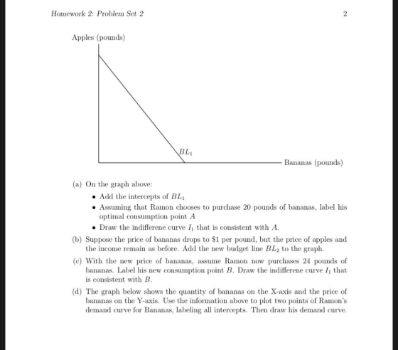 Homework 2: Problem Set 2 Apples (pounds) BL1 Bananas (pounds) (a) On the graph above: Add the intercepts of BL . Assuming th