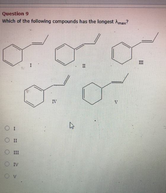 Question 9 Which of the following compounds has the longest Imax? COTO III IV V OI N O II O III IV