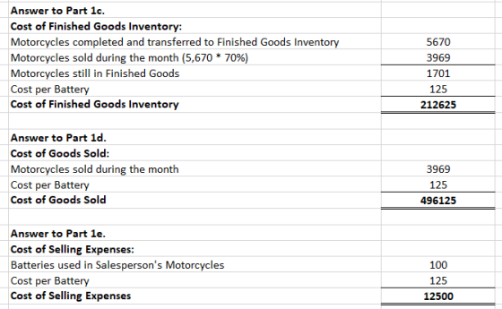 Answer to Part 1c Cost of Finished Goods Inventory: Motorcycles completed and transferred to Finished Goods Inventory Motorcycles sold during the month (5,670 * 70%) Motorcycles still in Finished Goods Cost per Battery Cost of Finished Goods Inventory 5670 3969 1701 125 212625 Answer to Part 1d Cost of Goods Sold Motorcycles sold during the month Cost per Battery Cost of Goods Sold 3969 125 496125 Answer to Part 1e Cost of Selling Expenses Batteries used in Salespersons Motorcycles Cost per Battery Cost of Selling Expenses 100 125 12500