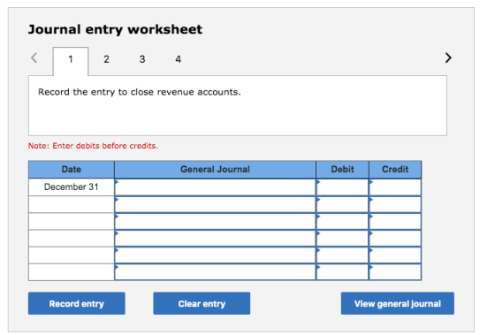 Journal entry worksheet 2 3 4 Record the entry to close revenue accounts. Note: Enter debits before credits. General Journal