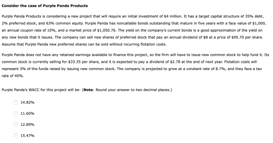 Consider the case of Purple Panda Products Purple Panda Products is considering a new project that will require an initial in