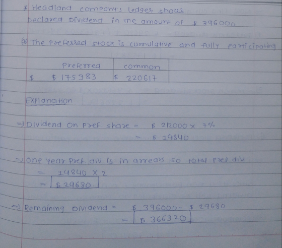 y Headland companys Ledge choas beclarea Dividend in me amount of 360o6 The parfered stoch is cumulative and fully paaiciroting 533220 6I EXPlanation Divide nd on Pref shave 이。 4 840 × 2 629680 Remaining Dividend 3160029630 В 366320