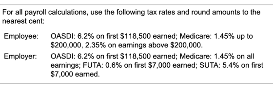 For all payroll calculations, use the following tax rates and round amounts to the nearest cent: Employee: Employer: OASDI: 6