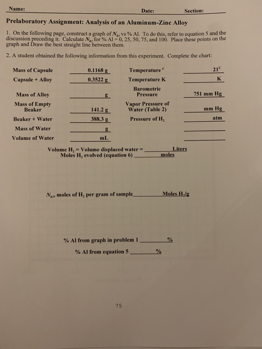 Name: Date: Section: Prelaboratory Assignment: Analysis of an Aluminum-Zinc Alloy 1. On the following page, construct a graph