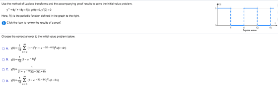 Aft) Use the method of Laplace transforms and the accompanying proof results to solve the initial value problem. y +9y + 18
