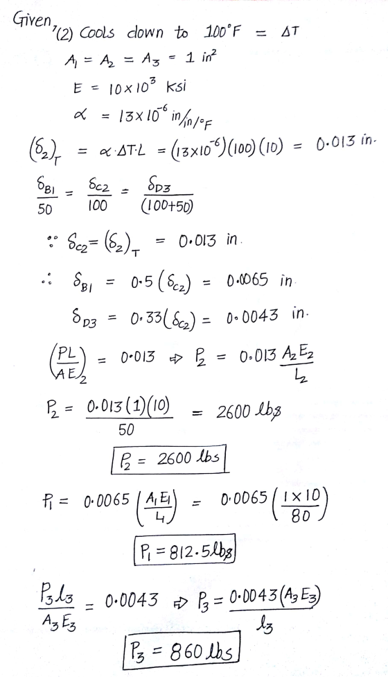 given (2) cools down to 100°F = AT A = Az = Az = 1 in? E = 10x103 ksi a = 13x 100 in /n/of (82), = 4 STL = (13x106)(100) (10)