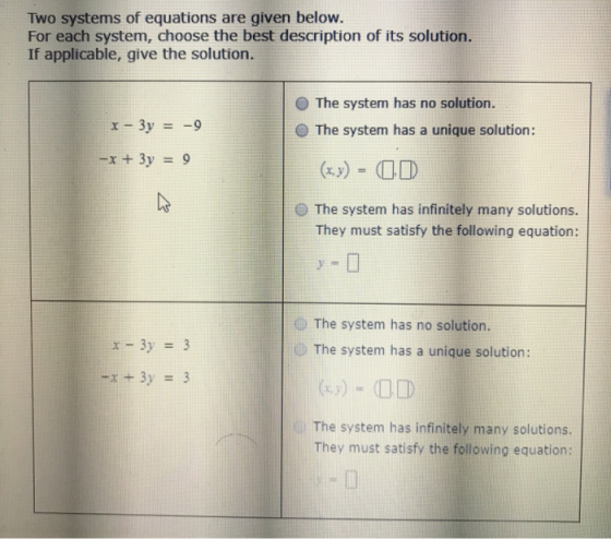Two systems of equations are given below. For each system, choose the best description of its solution. If applicable, give t