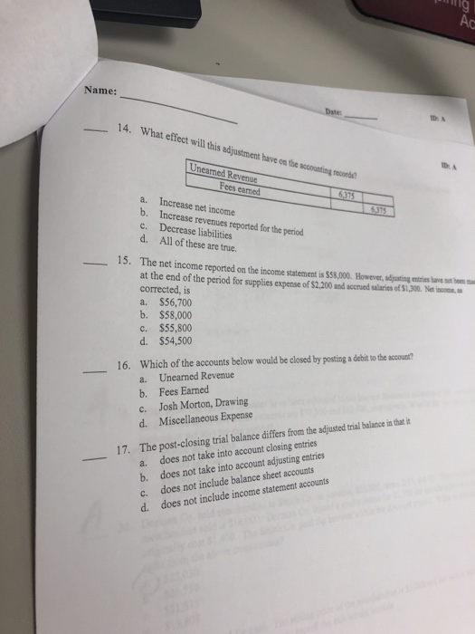 AG Name: 14. What effect will this adjustment have on the counting to Unearned Revenge Fees camed a. b. c. d. Increase net in