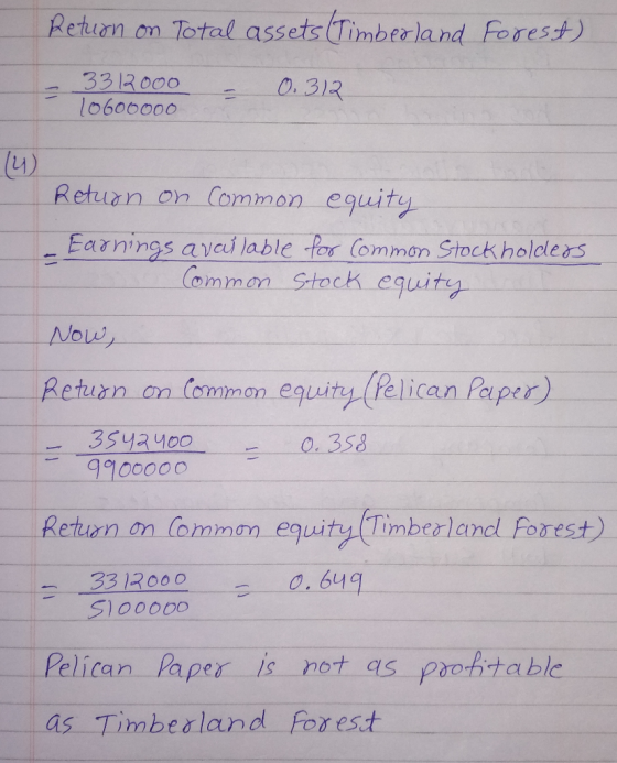 Return on Total assets Timberland Forest) - 3312000 10600000 – 0.312 Return on common equity - Earnings available for Common